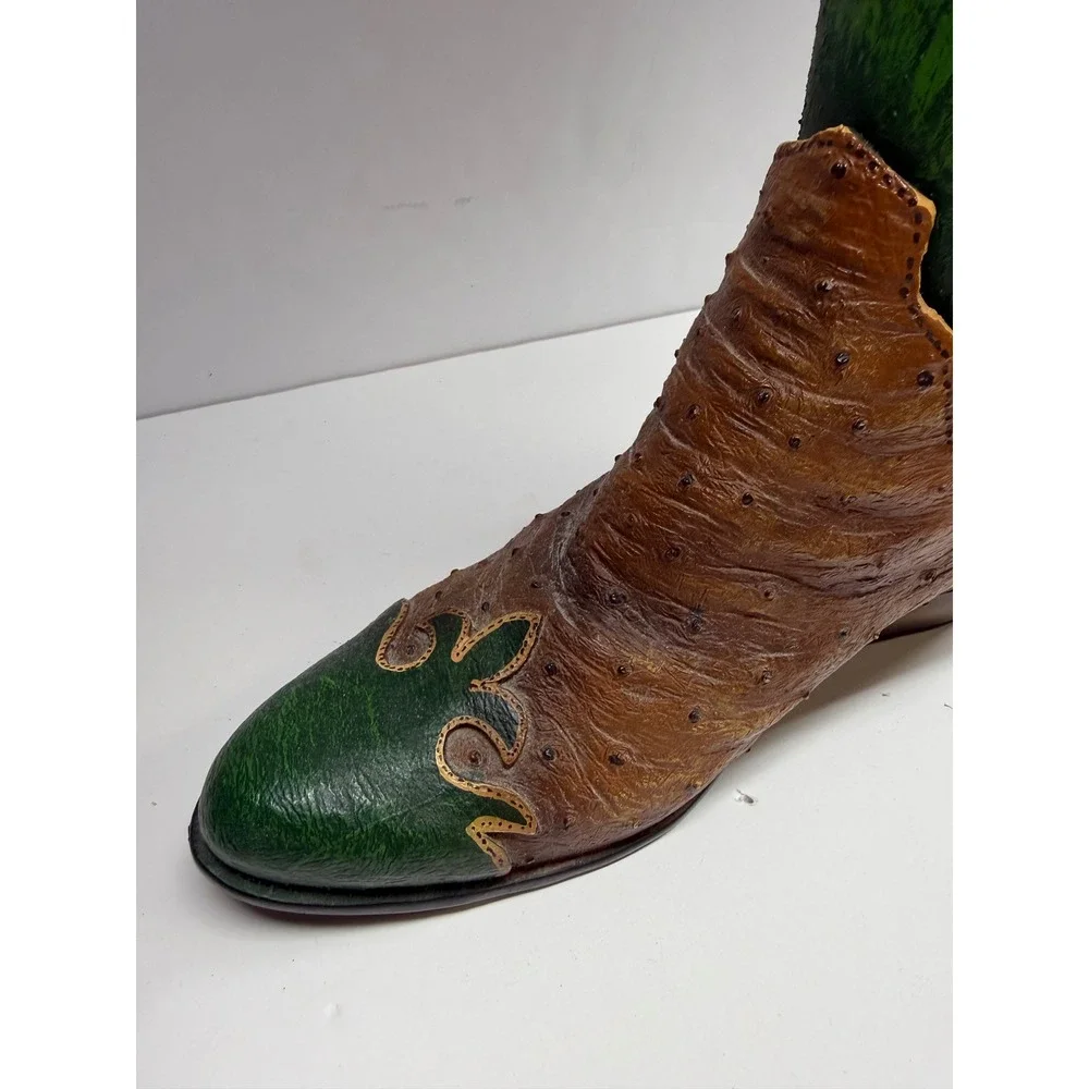 Western Cowboy Boot Decorative Planter Vase GreenBrown Ostrich Print ChiliPepper